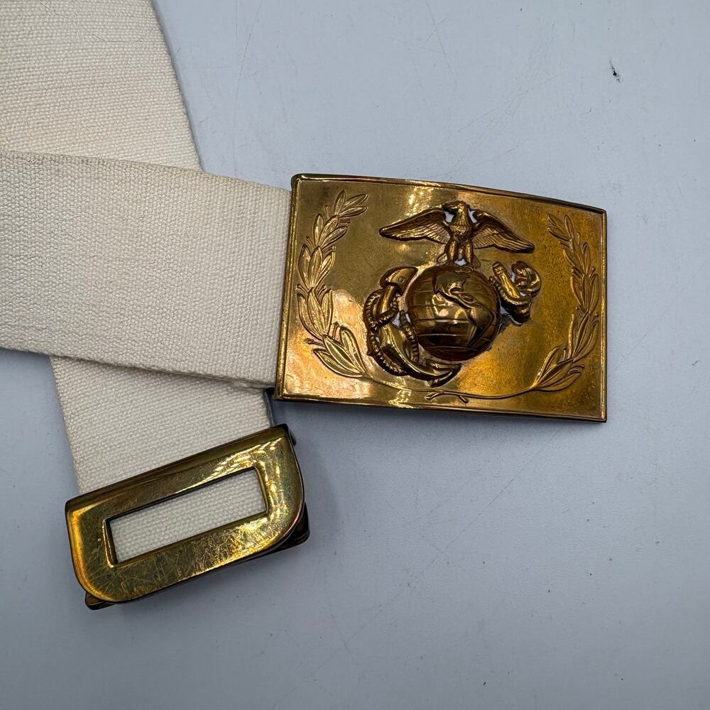USMC Marine Corps White Dress Belt Brass EGA Eagle Globe Anchor Buckle